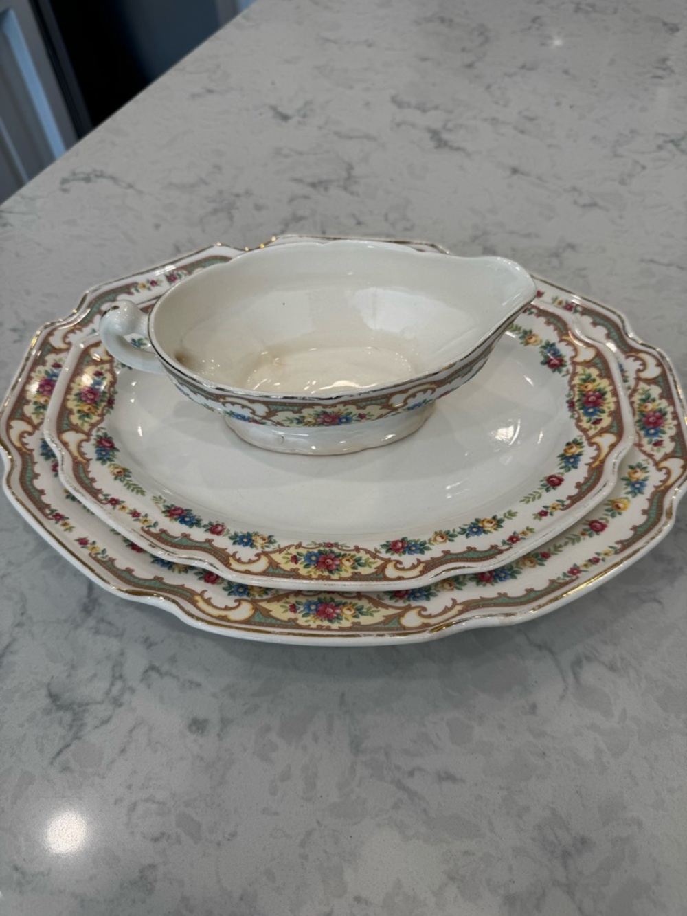 Vintage 1930s Floral Gravy Boat & 2 Platters USA Cottagecore Serving Set